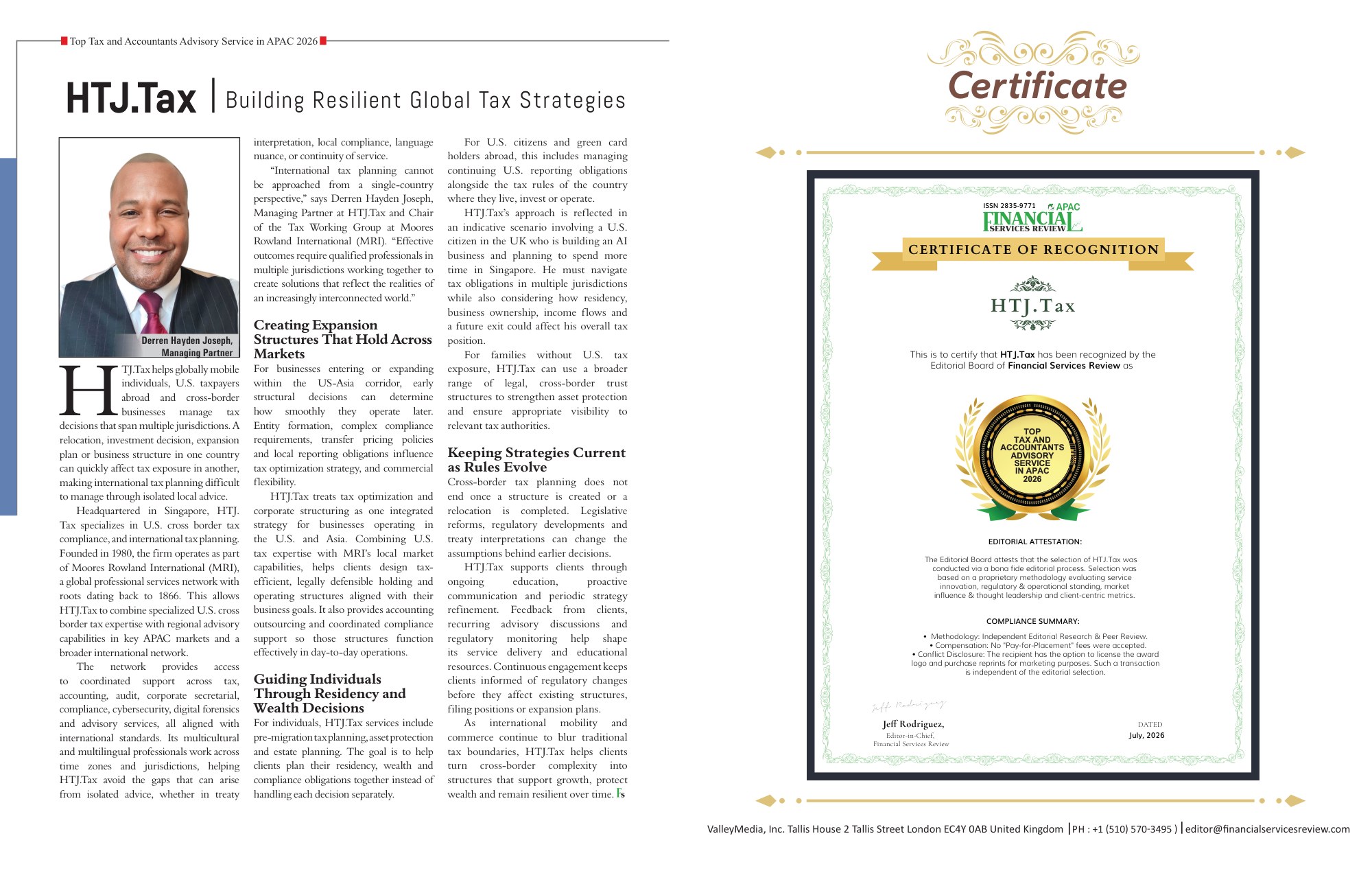 The Financial Services Review 2026 feature on HTJ.tax