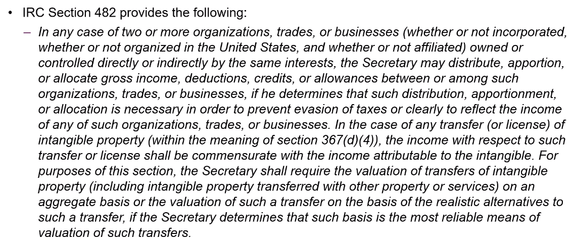 Text detailing IRC Section 482 regarding the distribution, apportionment, or allocation of income.