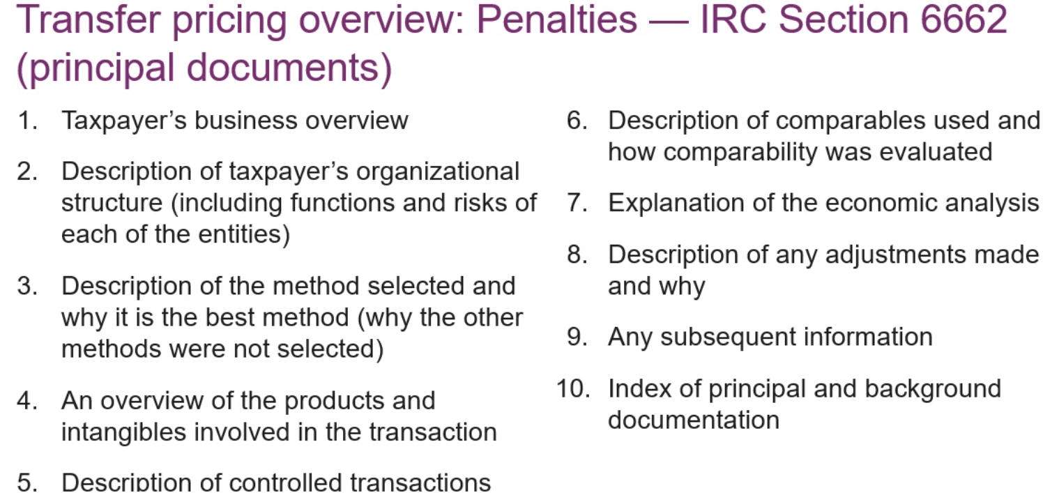 Transfer pricing overview: Penalties — IRC Section 6662 (principal documents) list.