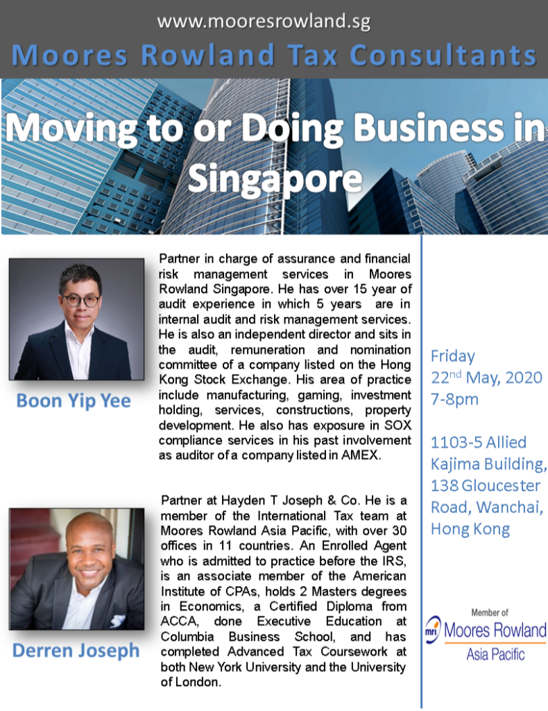 Moores Rowland Tax Consultants logo and "Moving to or Doing Business in Singapore" title.