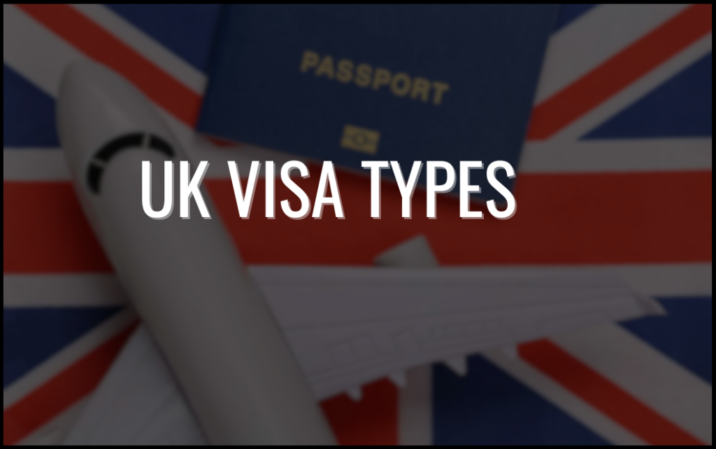 UK visa types text overlay on Union Jack flag with passport and airplane.