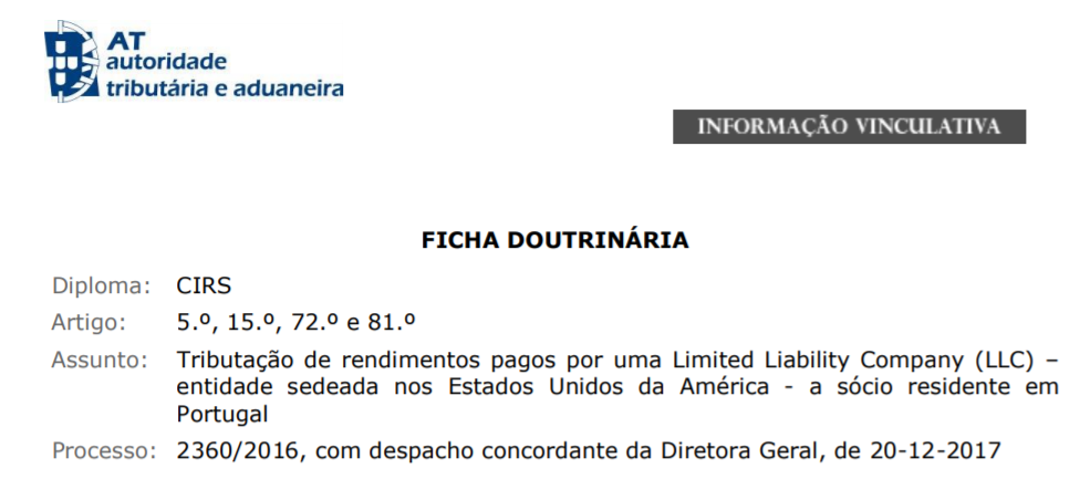 Portugal tax authority document titled "Ficha Doutrinária" regarding LLC taxation.