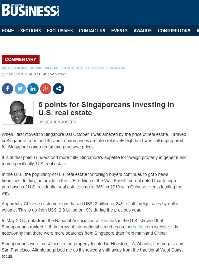 Singapore Business Review logo and article title "5 points for Singaporeans investing in U.S. real estate."