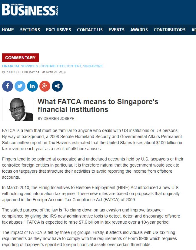 Singapore Business Review logo and article title "What FATCA means to Singapore's financial institutions."