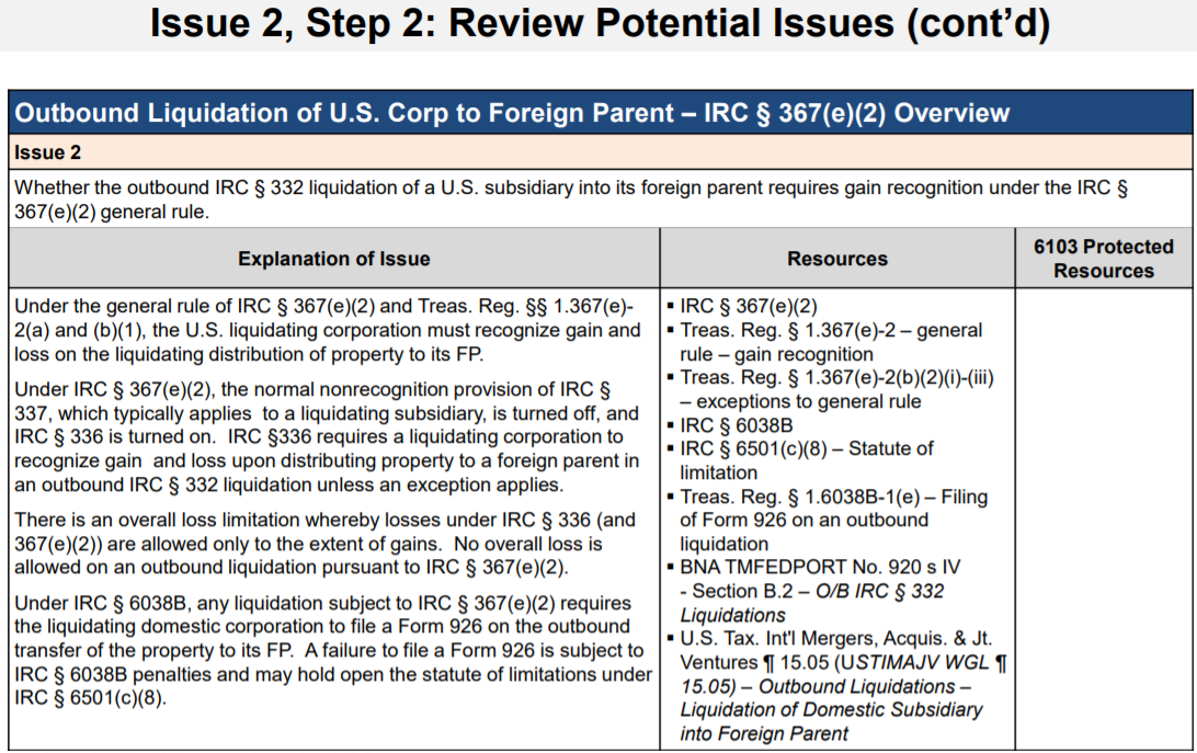 Table detailing outbound liquidation of U.S. Corp to Foreign Parent IRC § 367(e)(2) overview.
