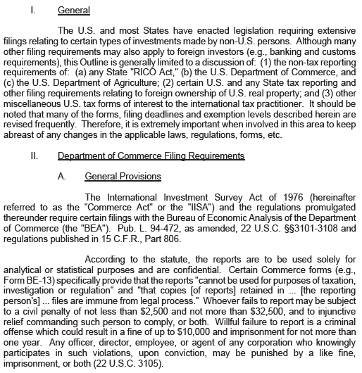 Text from a document discussing U.S. filing requirements and the Bureau of Economic Analysis.