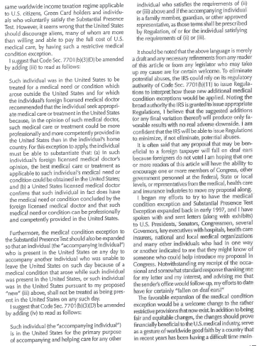 Text discussing US tax law exceptions for medical conditions and accompanying individuals.