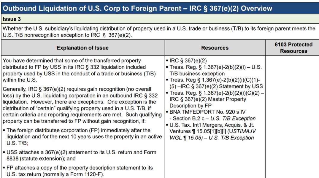 Screenshot of a table detailing outbound liquidation of U.S. Corp to foreign parent, IRC § 367(e)(2) overview.