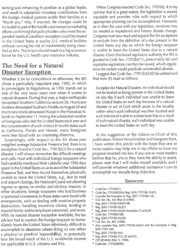 Text discussing exceptions to US income tax resident alien definition, focusing on natural disasters.