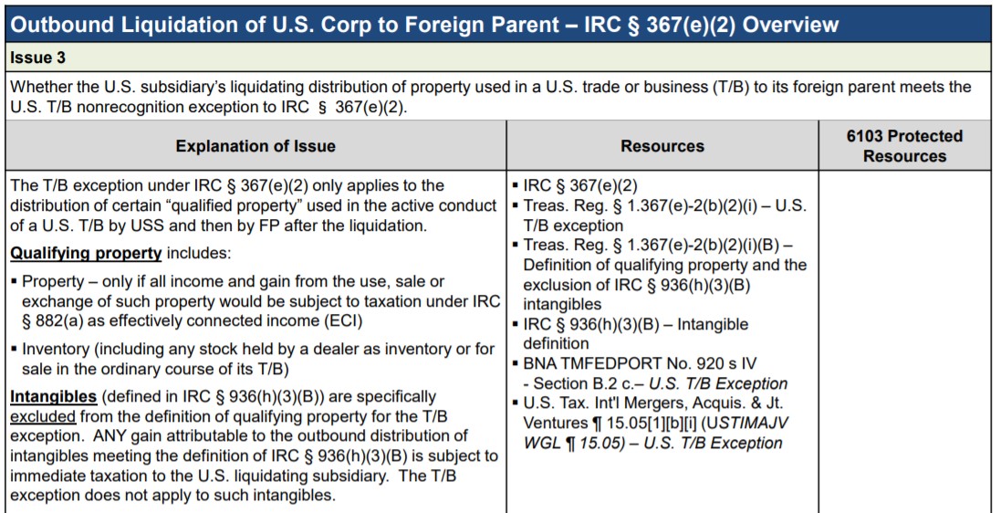 Screenshot of a tax advisory document detailing outbound liquidation of a U.S. corporation to a foreign parent.