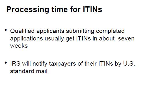 Slide titled Processing time for ITINs with bullet points about application timelines and IRS notification.