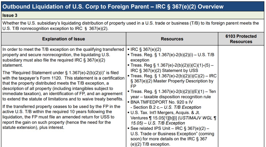 Table detailing outbound liquidation of U.S. Corp to foreign parent IRC § 367(e)(2) overview.