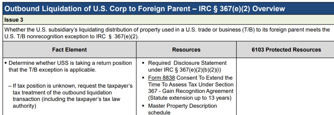 Screenshot of a table detailing outbound liquidation of U.S. Corp to foreign parent, IRC section 367(e)(2).