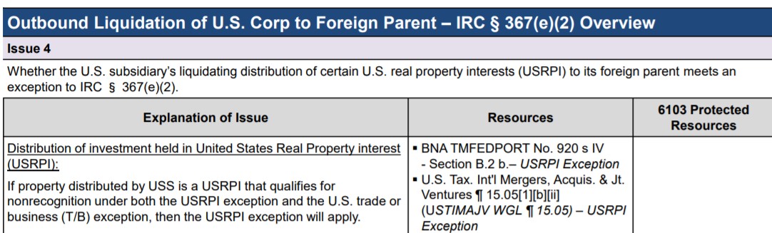 Screenshot of tax document titled Outbound Liquidation of U.S. Corp to Foreign Parent - IRC § 367(e)(2) Overview.