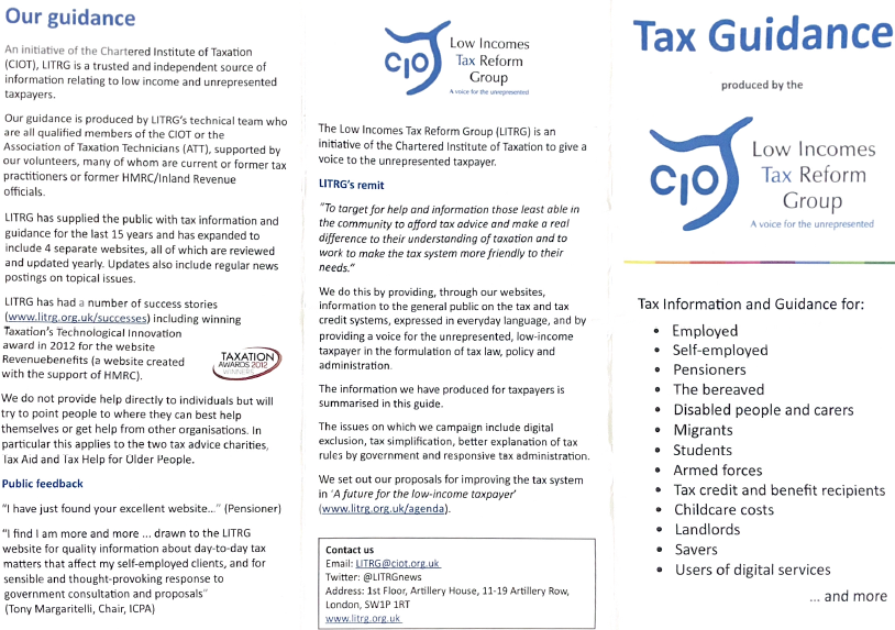 Tax Guidance produced by the Low Incomes Tax Reform Group, listing types of people.