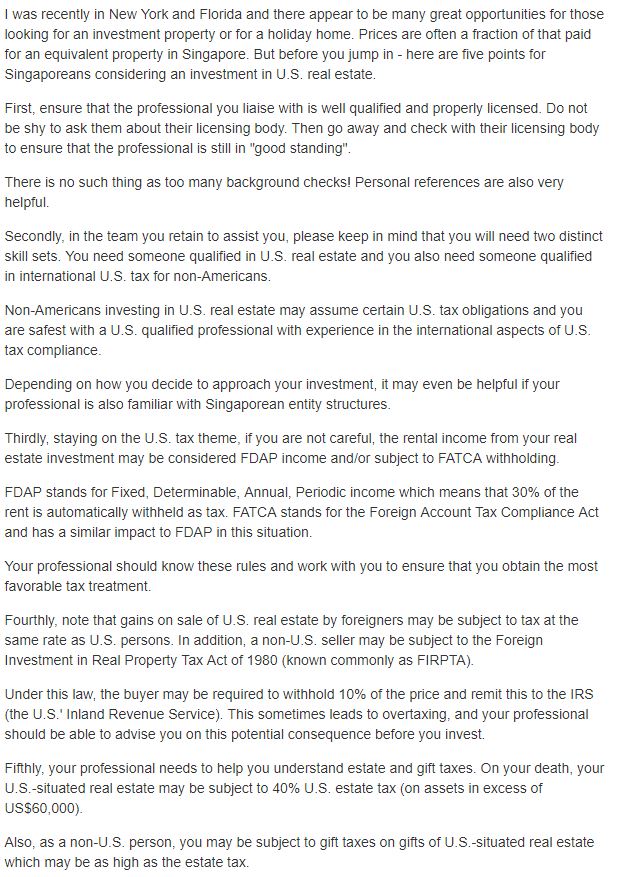 Text discussing U.S. real estate investment for Singaporeans, covering professional qualifications, tax obligations, FDAP