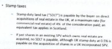 Stamp taxes section discusses UK Stamp Duty Land Tax (SDLT) and UK stamp duty.