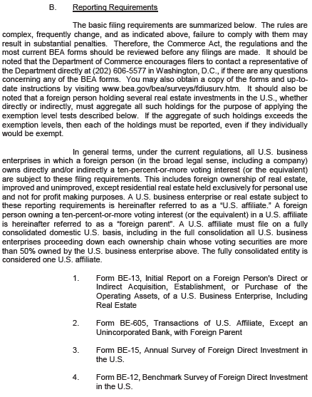 List of Bureau of Economic Analysis forms: BE-13, BE-605, BE-15, BE-12.
