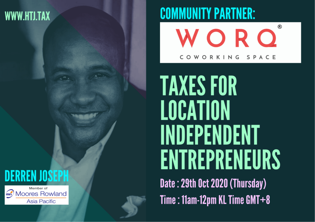 Derren Joseph, Taxes for Location Independent Entrepreneurs event details, and Worq Coworking Space logo.