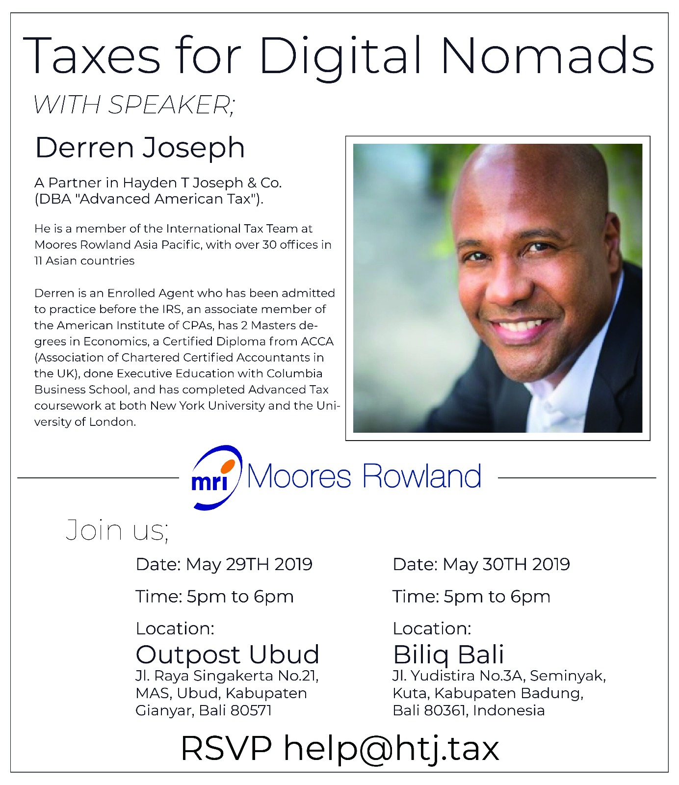 Taxes for Digital Nomads with speaker Derren Joseph, event details, and RSVP information.