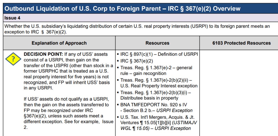 Screenshot of a tax document detailing outbound liquidation of U.S. Corp to foreign parent.