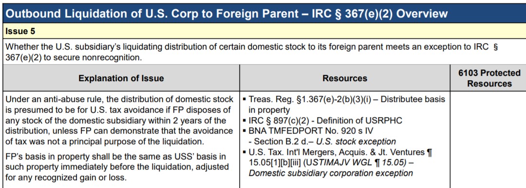 Outbound Liquidation of U.S. Corp to Foreign Parent - IRC § 367(e)(2) Overview, Issue 5.