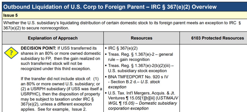 Screenshot of a tax document detailing outbound liquidation of a U.S. corporation to a foreign parent.