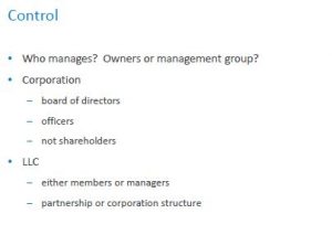 Slide titled "Control" comparing management of corporations and LLCs.