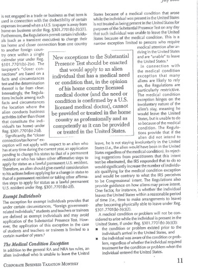 Boxed text titled "New exceptions to the Substantial Presence Test should be enacted" discusses medical conditions.