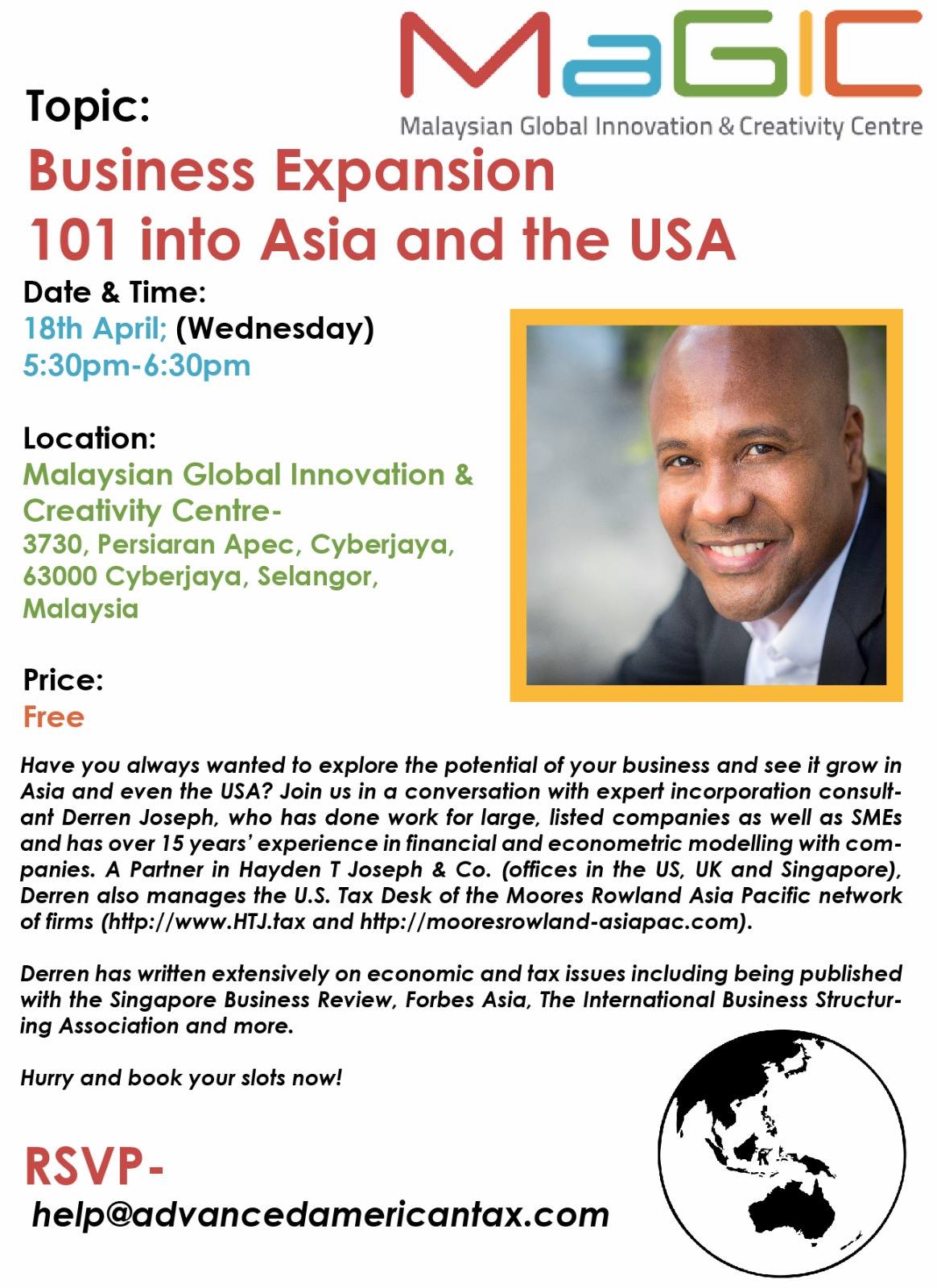 Malaysian Global Innovation & Creativity Centre event flyer for Derren Joseph speaking on business expansion.
