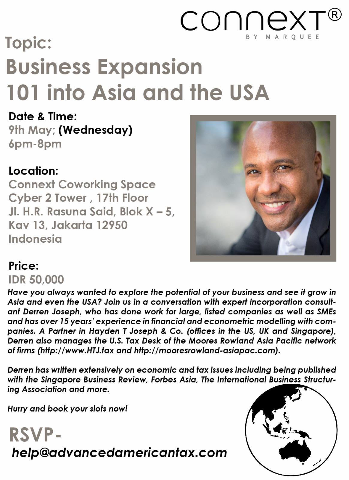 Connext logo and event details for Business Expansion 101 into Asia and the USA.