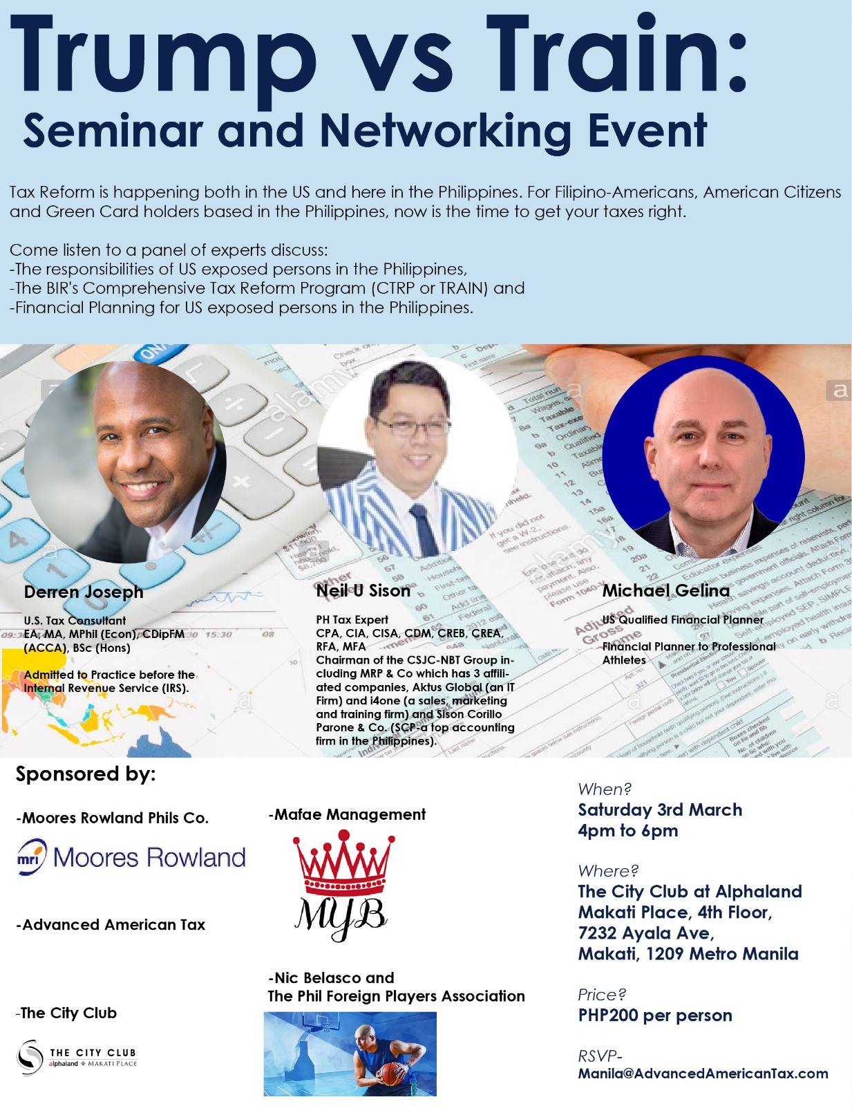 Derren Joseph, Neil U Sison, and Michael Gelina are featured speakers at the "Trump vs Train" seminar.