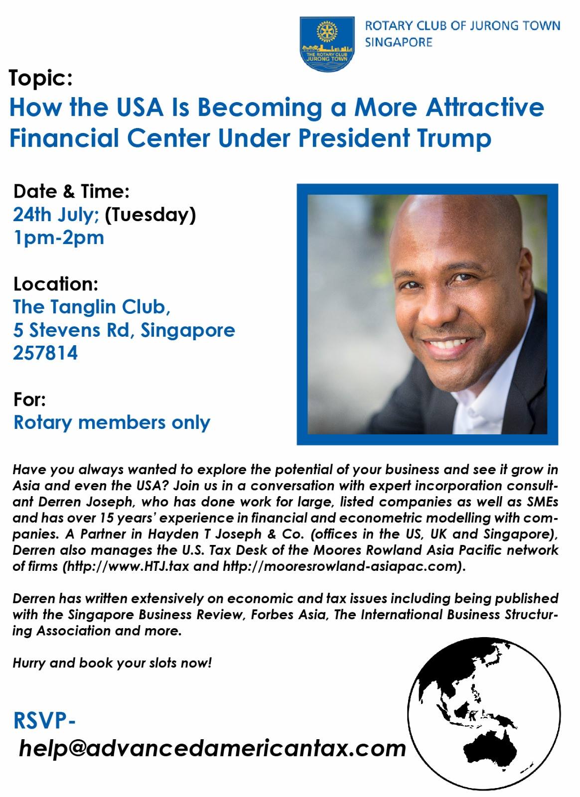 Derren Joseph, a speaker at the Rotary Club of Jurong Town, Singapore.