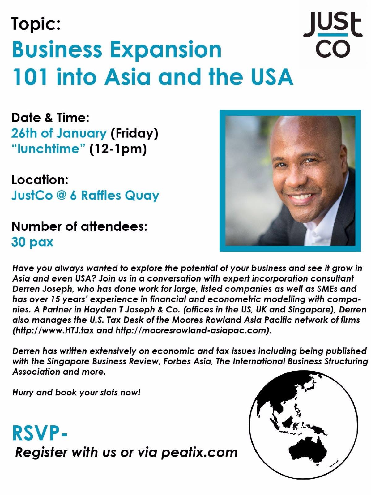 Event flyer with topic Business Expansion 101 into Asia and USA, date, location, and speaker photo.