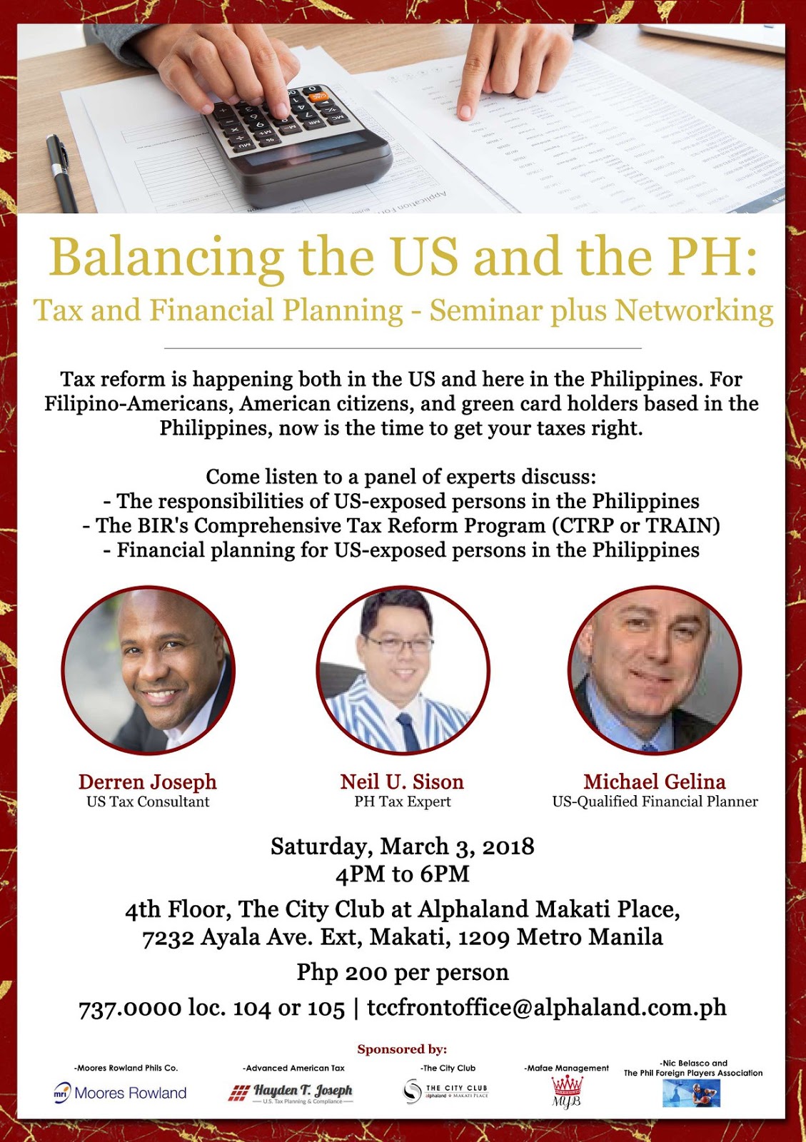 Flyer for a seminar on US and PH tax and financial planning featuring Derren Joseph, Neil U. Sison, and Michael Gelina.