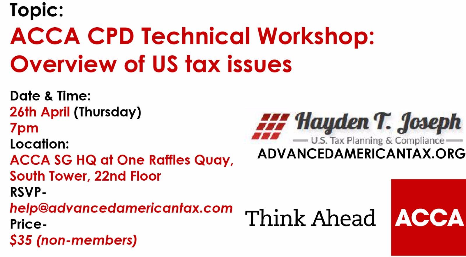 ACCA CPD Technical Workshop: Overview of US tax issues flyer with event details and logos.