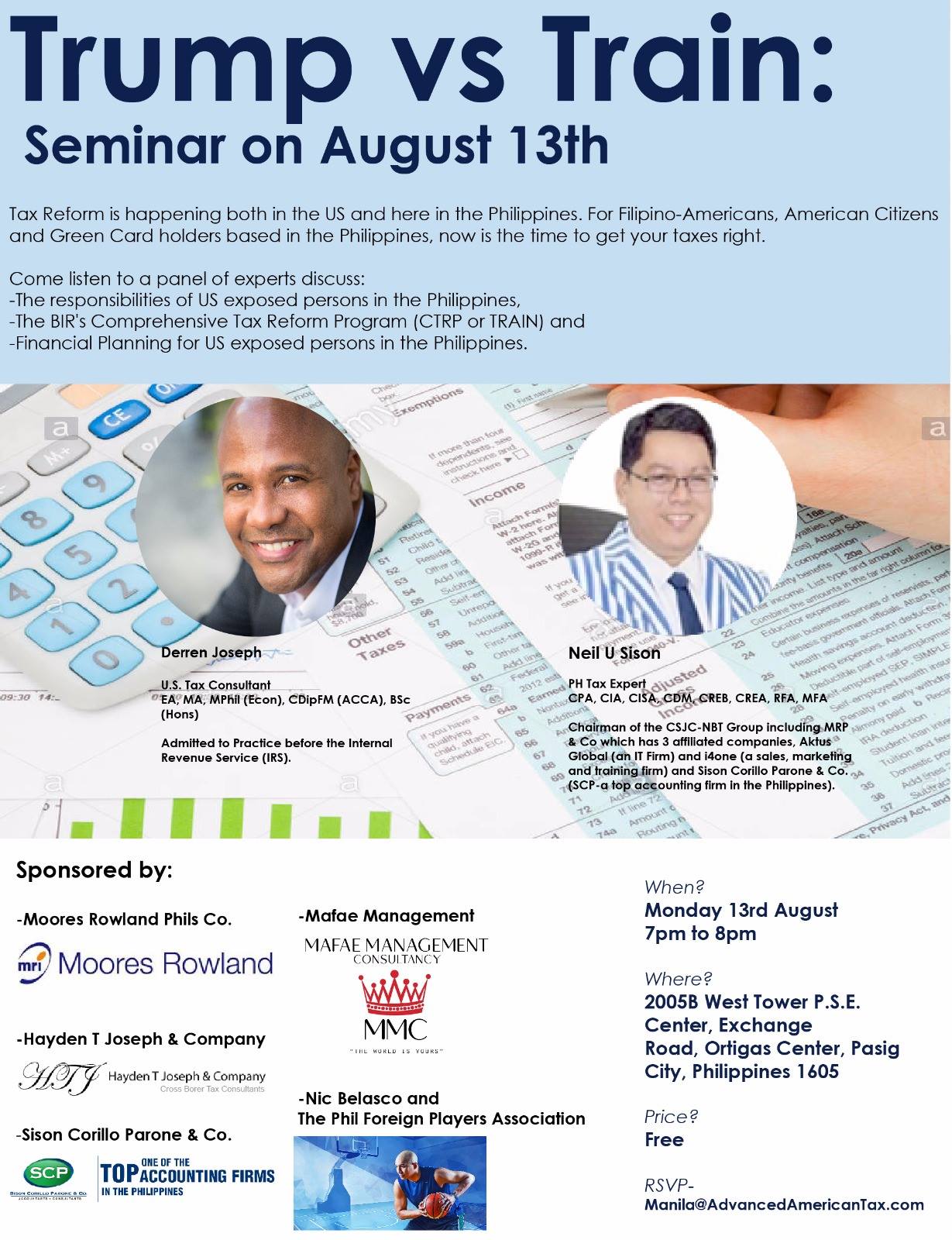 Derren Joseph and Neil U Sison in front of tax forms and calculator.