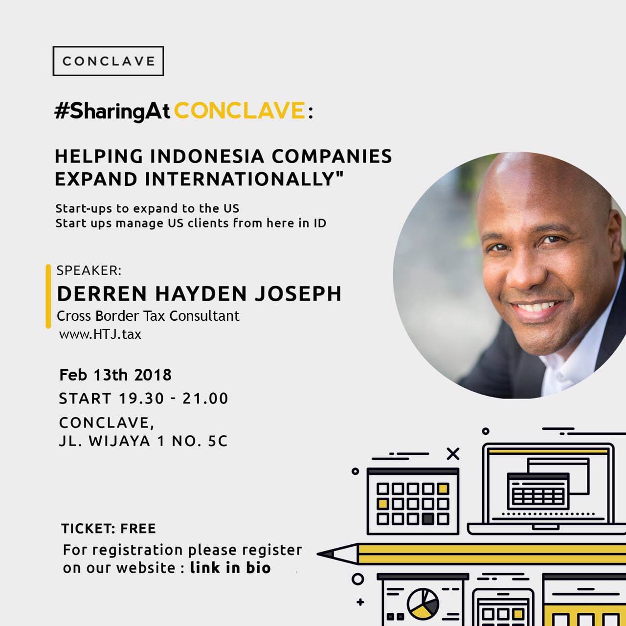 Conclave flyer for Derren Hayden Joseph speaking on helping Indonesia companies expand internationally.