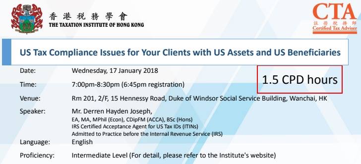 Event details for US Tax Compliance Issues for Your Clients with US Assets and US Beneficiaries.