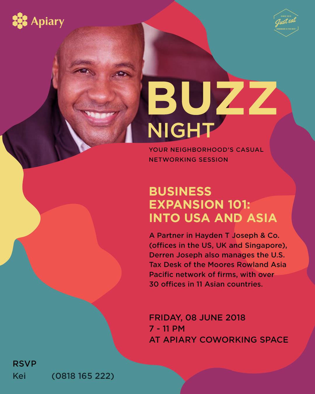 Buzz Night event flyer with speaker Derren Joseph, business expansion topic, and event details.