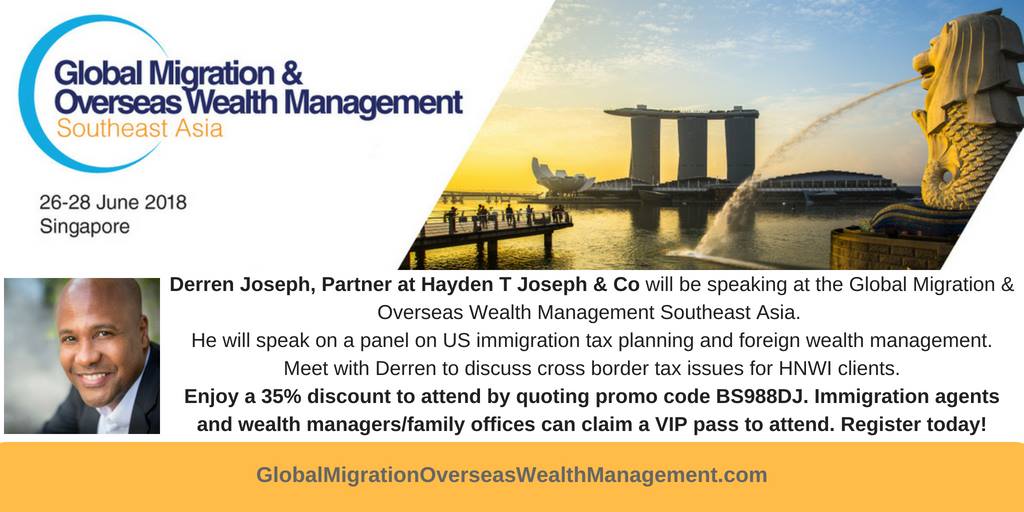 Derren Joseph speaking at Global Migration & Overseas Wealth Management Southeast Asia event.