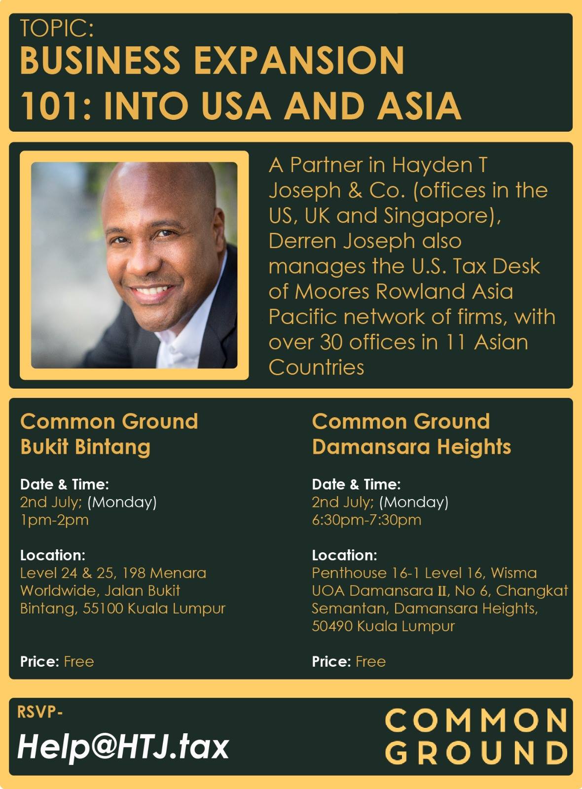 Event flyer for Business Expansion 101: Into USA and Asia with speaker Derren Joseph.