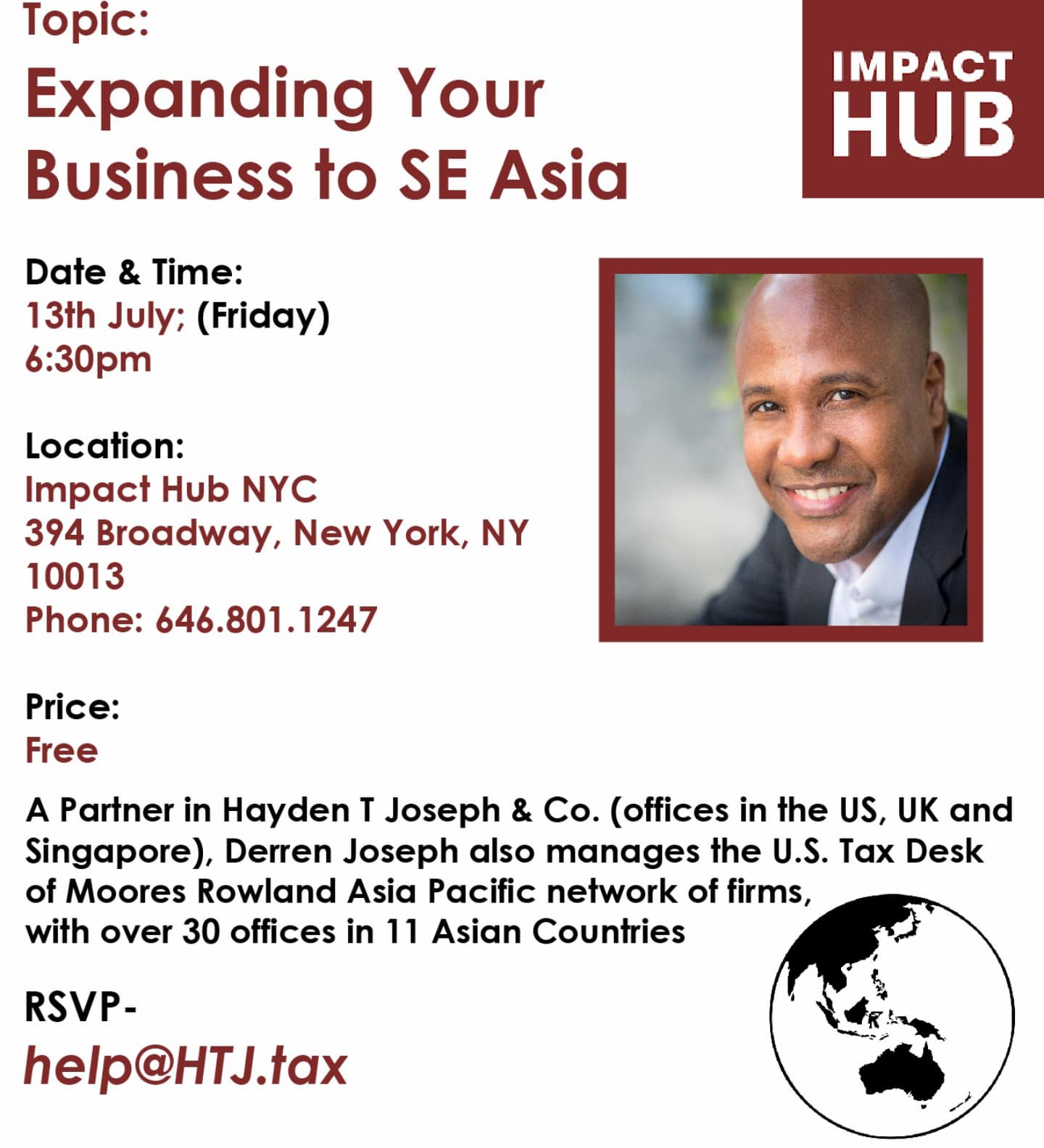 Event flyer for "Expanding Your Business to SE Asia" with speaker Derren Joseph.