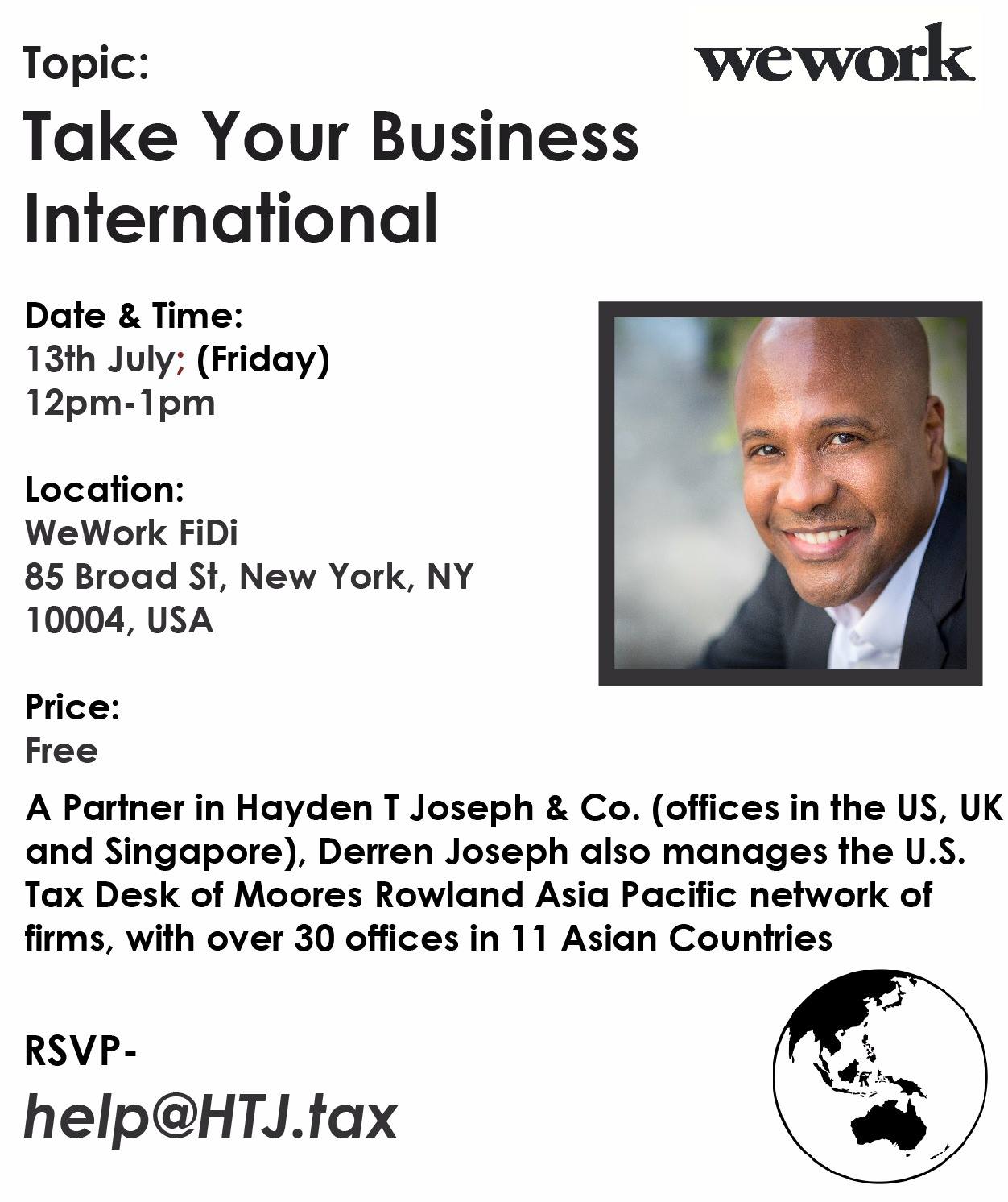 Event flyer for Take Your Business International with speaker Derren Joseph.