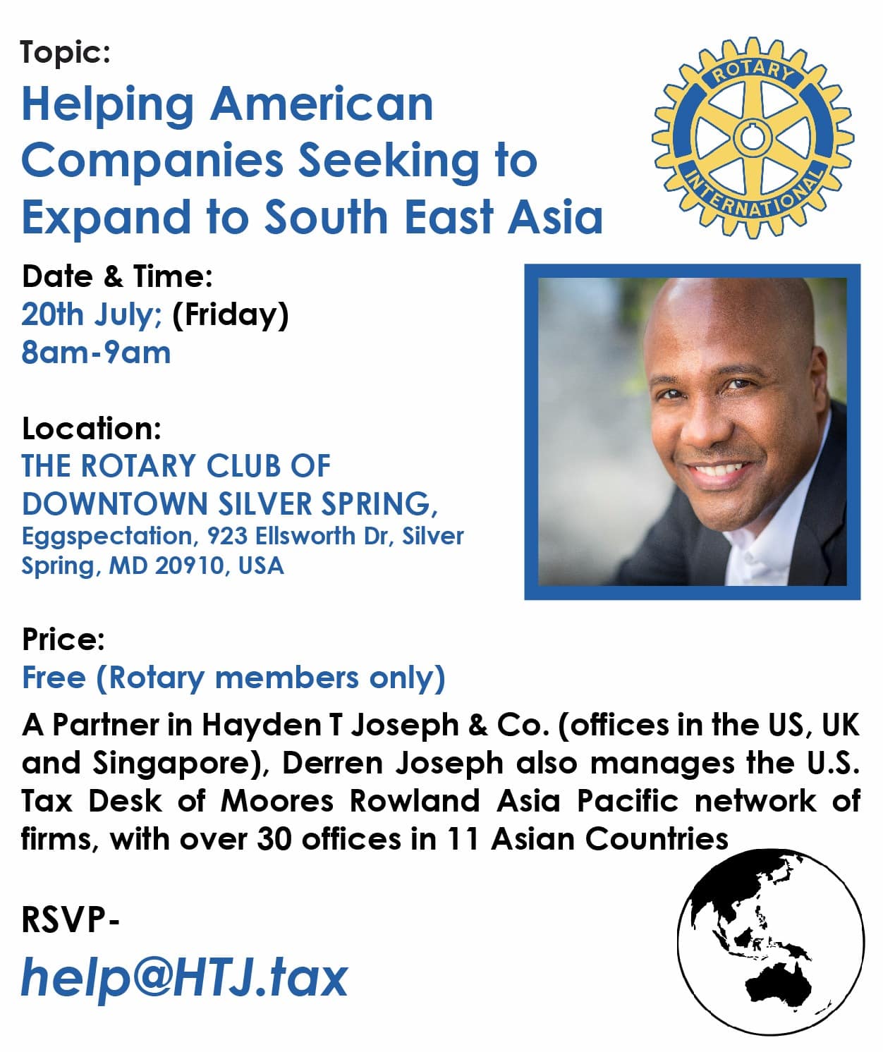 Flyer for a Rotary Club event featuring Derren Joseph speaking on helping American companies expand to South East Asia.