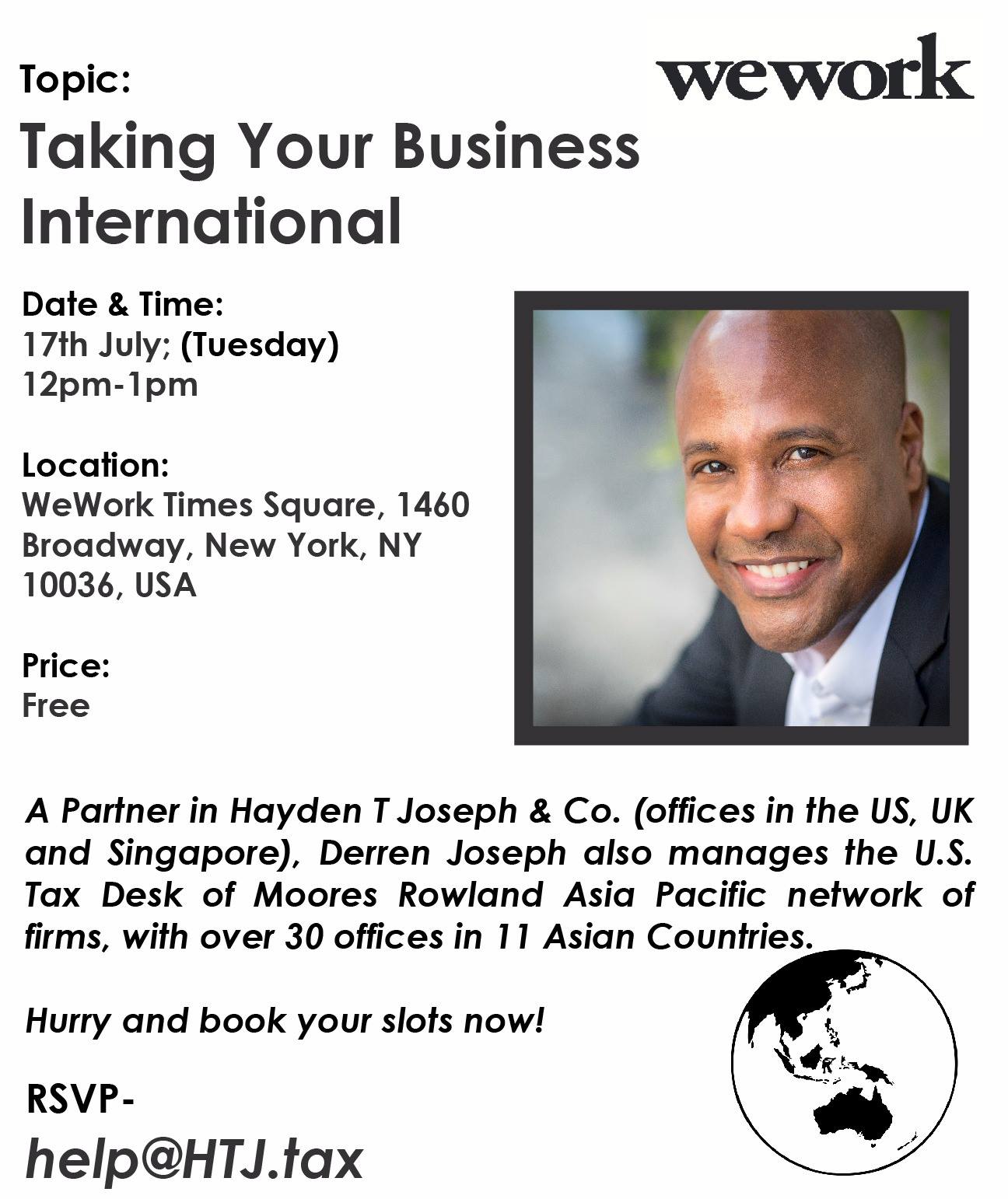 Event flyer for "Taking Your Business International" featuring Derren Joseph.