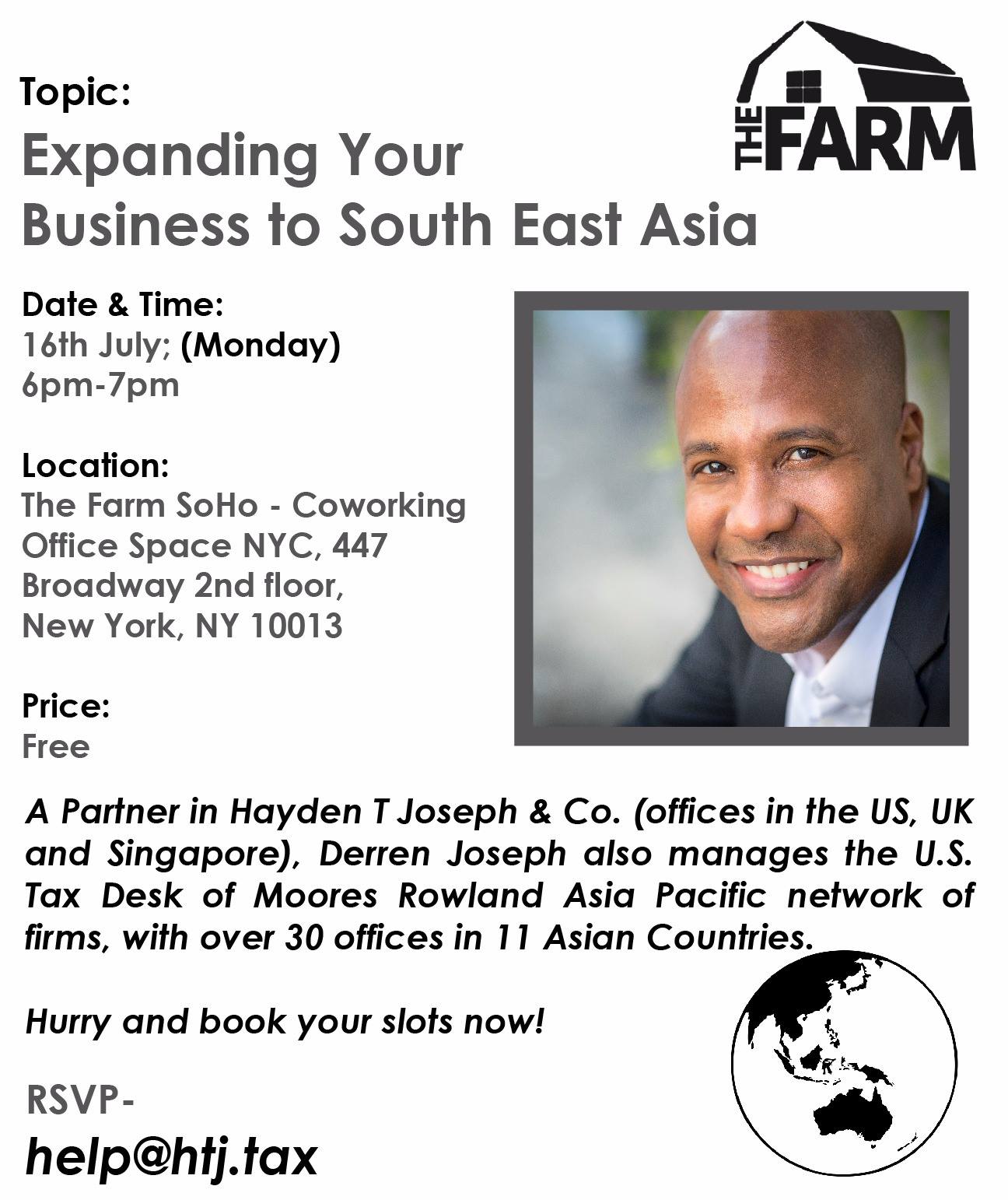 Flyer for a talk titled Expanding Your Business to South East Asia by Derren Joseph.