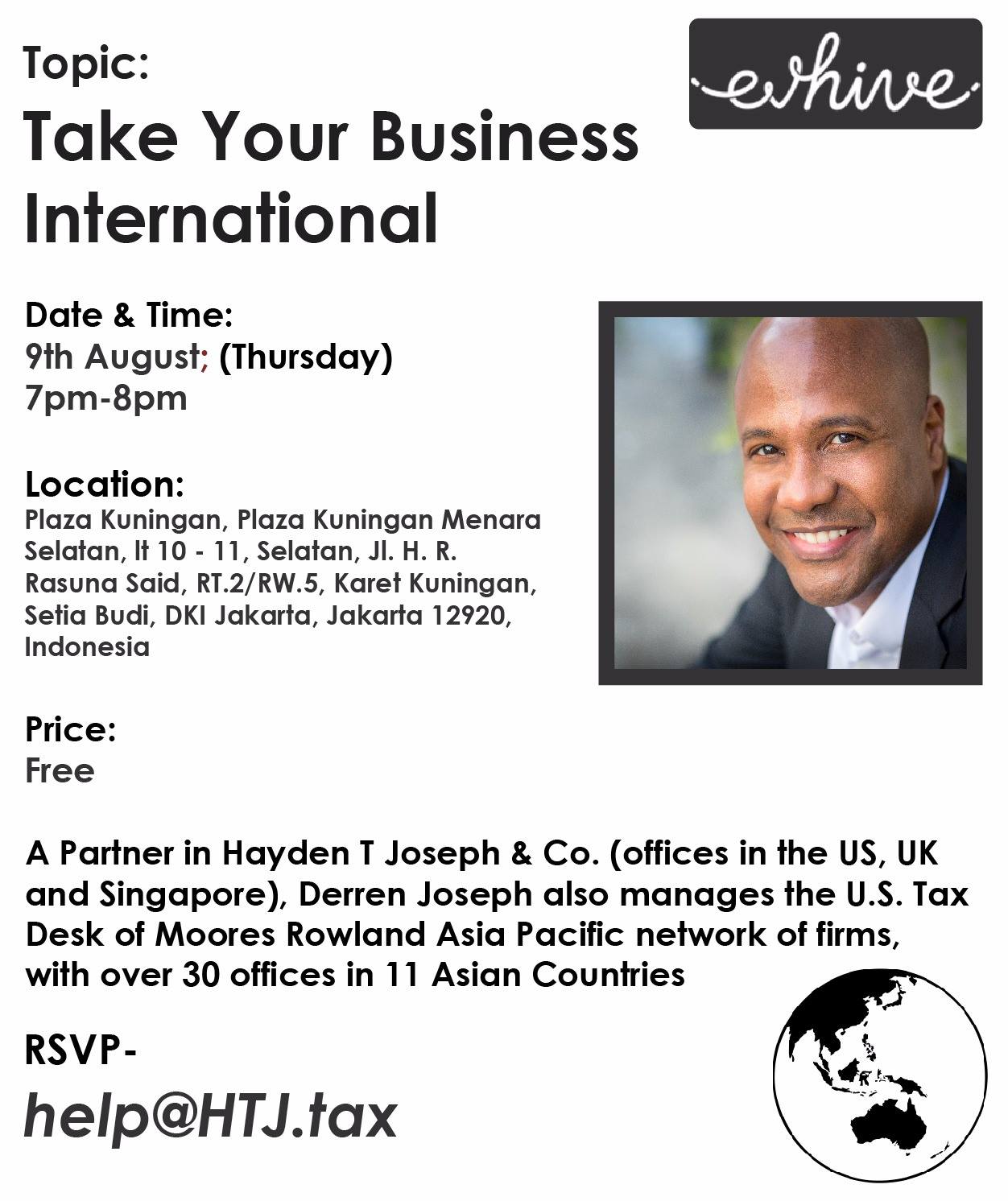 Flyer for event 'Take Your Business International' featuring speaker Derren Joseph.