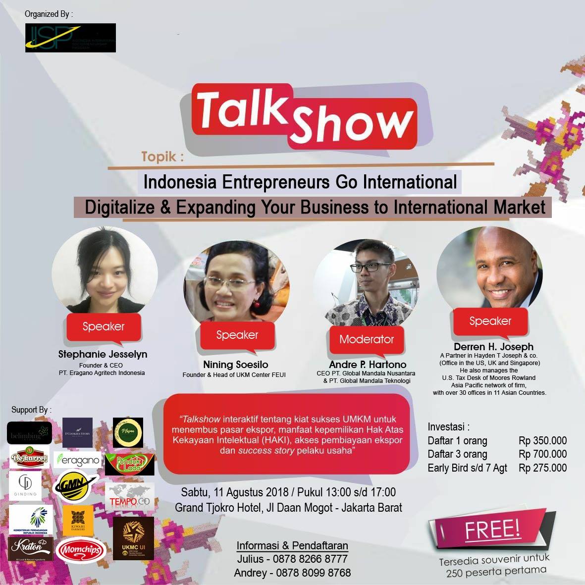 Talkshow poster with speakers Stephanie Jesselyn, Nining Soesilo, Andre P. Hartono, and Derren H. Joseph.