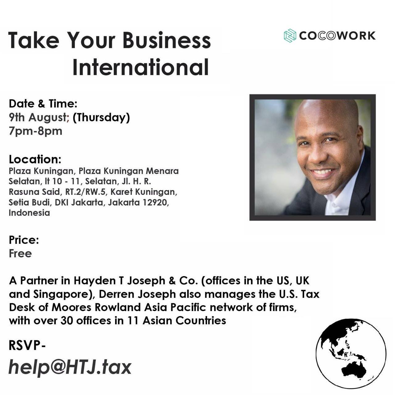 Take Your Business International event flyer with speaker photo and details.